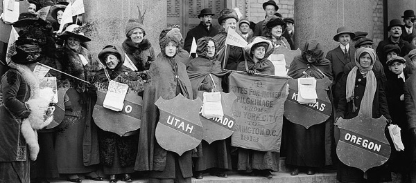 Supporters gather for a hike from New York City to Washington, DC, to promote women's suffrage, Mar. 3, 1913. Library of Congress.