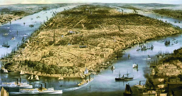 A bird's-eye view of pre-war New York displays the shipping commerce that made the city rich. Image courtesy of Library of Congress.
