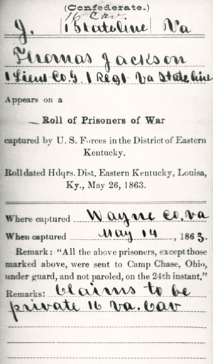 Archive records show Thomas Jackson was apparently sent to Johnson's Island on the mistaken notion that he was a Rebel officer. Image courtesy of National Archives