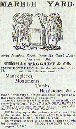 An advertisement from the Herald of Freedom and Torch Light touts the sale of headstones and monuments. Image courtesy of Washington County Free LIbrary.