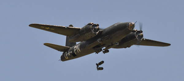 The Martin B-26B Marauder Flak-Bait drops its ordnance. (Ken Isaac/RCuniverse.com)