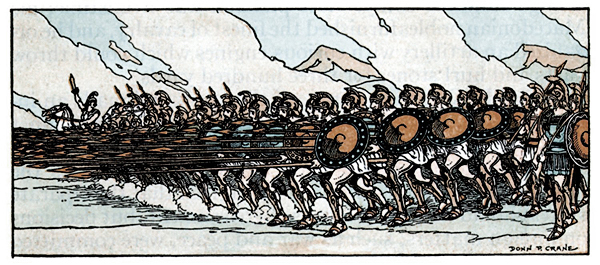 The onrushing wall of heavily armored and shielded Greek hoplites smashed into the Persian line, pressing it back to the sea.