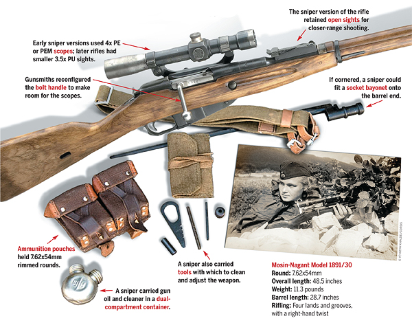 Russia made more than 300,000 Model 1891/30 sniper rifles during the war. (Illustration by Gregory Proch)