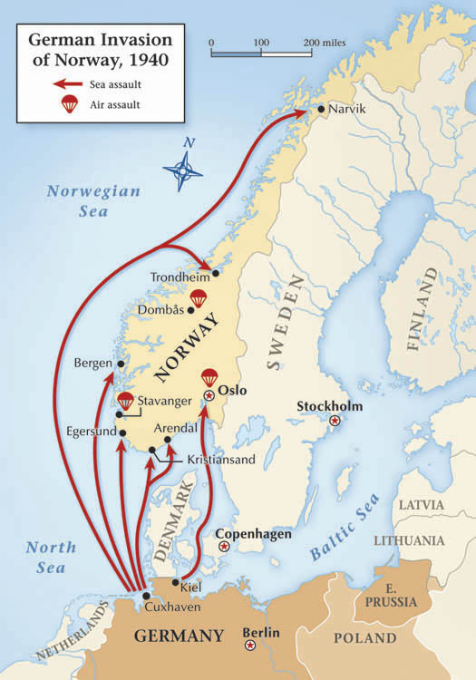 On April 9, 68,000 German soldiers and paratroopers began to land in Norway by air and sea. Nearly 1,000 Luftwaffe planes were called to action (Map by Baker Vail).