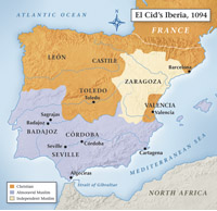 By 1094, Christians had began what would be a long fight to reclaim Iberia. The map above shows the approximate division of the peninsula at the time of El Cid's Battle of El Cuarte (Baker Vail).
