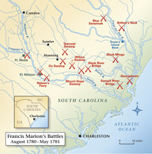 For some nine months, the Swamp Fox and his brigade roamed the region between the Pee Dee and Santee Rivers in South Carolina and harassed the British regulars, repeatedly defeating larger forces (Baker Vail).
