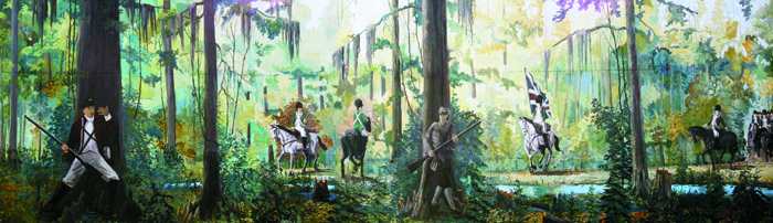 A mural in Manning, South Carolina depicts Francis Marion's soldiers hiding from British Legion dragoons in Ox Swamp, where Marion earned the nickname "Swamp Fox" (© Mike Stroud, Bluffton, S.C.).