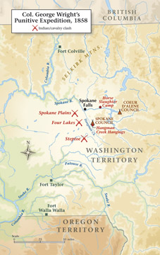 The 9th Infantry started out on its pacification raid from Fort Taylor on August 25, proceeding north in a campaign that approximated the shape of a capital P, ending at Hangman Creek. (Baker Vail)