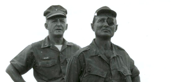 Moshe Dayan with U.S. Brig. Gen. William Stiles, assistant commanding general, 1st Marine Division. Dayan toured the Vietnam battleground in the summer of 1966, to write a series of newspaper articles on the political situation there, though he wrote mostly about military strategy and tactics. (National Archives) 