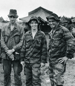 A reporter for UPI, Tom Corpora (left) finagled his way onto a patrol in early 1967 with a 2nd Brigade LRRP team that included Sgt. Ron Speck (center) and Harmon (right). (Courtesy of Tom Corpora)