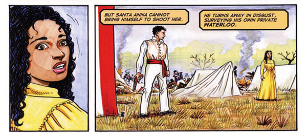 A frame from author Douglas Brode's graphic novel Yellow Rose of Texas: The Myth of Emily Morgan captures the moments after the Texas heroine stepped from Santa Anna's tent, having distracted the Mexican general into defeat at the 1836 Battle of San Jacinto. But did she even exist? (Illustration by Joe Orsak)