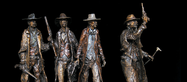 Singleton's bronze "Tombstone" captures, left to right, Doc Holliday and Morgan, Wyatt and Virgil Earp approaching the O.K. Corral on that fateful day in October 1881. (Photo by Kevin Brady/Courtesy of the Private Collection of Tia)