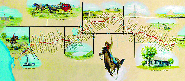 W.H. Jackson (1843-1942) listed the names and locations of relay stations along the nearly 2,000-mile Pony Express route in an illustrated map marking the Pony centennial. (Pony Express Museum, St. Joseph, Mo.)