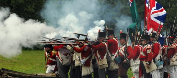 British in firing formation letting loose the 'fog of war,' in a re-enactment from the PBS documentary 'The War of 1812.' Courtesy of David Litz; WNED-TV, Buffalo/Toronto and Florentine Films/Hott Productions Inc.