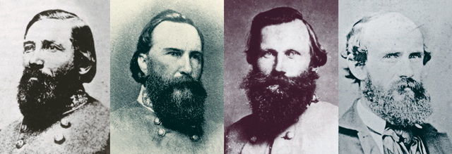 Left to right: Cullen A. Battle; James Longstreet; J.E.B. Stuart; Grumble Jones (images courtesy of Library of Congress and World History Group Archive)
