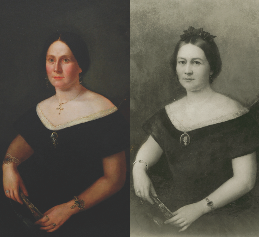 The original painting (left) next to the Mary Todd fake. (images courtesy of Abraham Lincoln Library and Museum)
