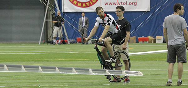 Todd Reichert prepares to make history during the June 13 attempt to meet the Igor I. Sikorsky Human Powered Helicopter Challenge. [Image: Aerovelo]
