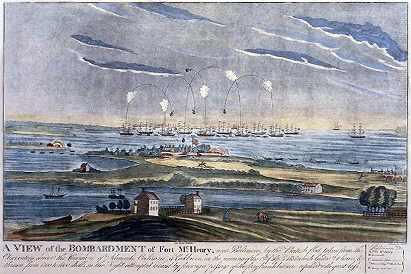 A period illustration captures the failed September 13-14, 1814, British bombardment of Fort McHenry during the Battle of Baltimore. (Library of Congress)