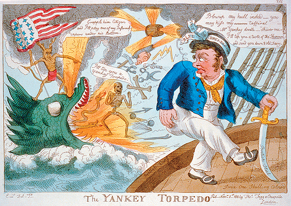A period political cartoon reflects British indignation at the "devlish" means American privateers employed to break blockades during the War of 1812. (Thomas Tegg/Library of Congress)