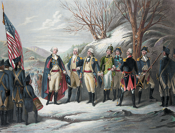 George Washington—with, from left to right, European volunteer officers Johann de Kalb, Friedrich Wilhelm von Steuben, Kazimierz Pulaski, Tadeusz Kosciuszko, Gilbert du Motier and others—was one of few American officers of the revolution whose wealth and cultural sophistication matched those of his aristocratic counterparts, friend or foe. (Illustration by Frederick Girsch, Library of Congress)