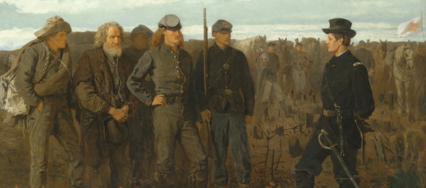 Detail from "Prisoners from the Front" by Winslow Homer. (1866, oil on canvas. Lent by The Metropolitan Museum of Art, Gift of Mrs. Frank B. Porter, 1922. Image © The Metropolitan Museum of Art)