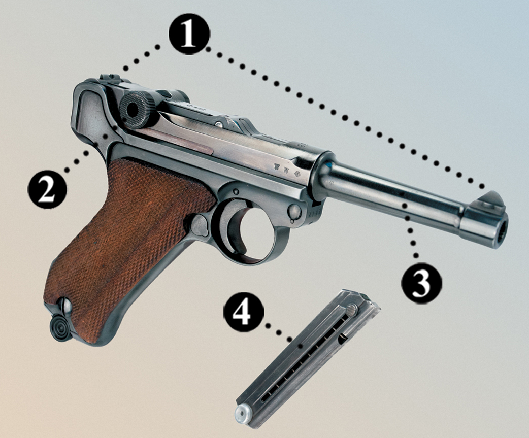 (1) The front sight of the Luger is a simple inverted V blade that corresponds to an open V rear sight. At ranges over 50 yards, the Luger was one of the more accurate handguns of the early 20th century. (2) Once the magazine is inserted into the handgrip, the operator chambers the first cartridge by pulling the toggle joint up and to the rear, then releasing it. (3) The 4-inch barrel—with six right-hand-twist grooves—gives the Luger a muzzle velocity of 1,274 feet per second. (The muzzle velocity of the Browning M1911 pistol, the standard American side arm in the world wars, is 825 feet per second.) (4) The box magazine holds eight rounds of 9mm ammunition. (Courtesy of Loudoun Guns, Photograph by Jennifer E. Berry)