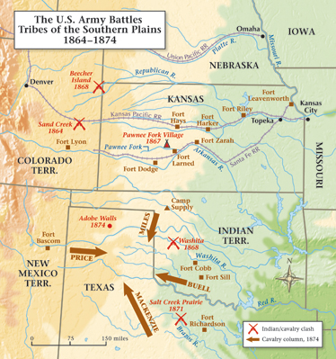 THE U.S. ARMY BATTLES WITH TRIBES OF THE SOUTHERN PLAINS, 1864-1874: Sheridan’s 1868 winter campaign employed converging columns to turn the tide in favor of the cavalry; in 1874 he used the tactic in the Red River War to finally win control of the Southern Plains. (Map By Baker Vail, www.bakervail.com)