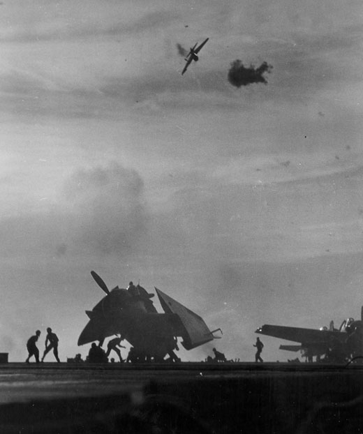 On January 5th, 1945 a Japanese kamikaze made a suicide attack on the USS Natoma Bay (CVE-62).  (National Archives)