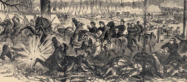 With Sherman on the run, Confederates capture the camp of Union general John McClernand on the first day of the battle. (Paul Fleury Mottelay and T. Campbell-Copeland, The Soldier in Our Civil War: A Pictorial History of the Conflict, 1861–1865, New York: S. Bradley Pub. Co, 1893)