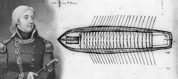 Barney sketched the design for what he called a “row-barge,” part of the “flying squadron” he created to defend the Chesapeake Bay against the redcoats. (Left: Library of Congress. Right: U.S. Navy/National Archives)