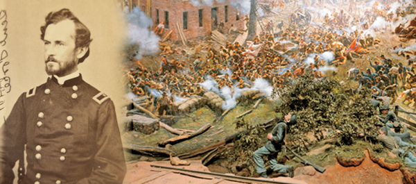 Left: A minié ball struck Force below the left eye, then passed through his right cheek. Right: A detail from a cyclorama of the Battle of Atlanta depicts the Confederate stand against Sherman’s forces on July 22, 1864. (Library of Congress)