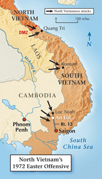 On March 30 ,some 20,000 North Vietnamese troops poured into South Vietnam in a massive gamble to win the war with a three-pronged offensive. The plan's centerpiece lay in taking An Loc and rolling down Route 13 to Saigon. (Map by Baker Vail)