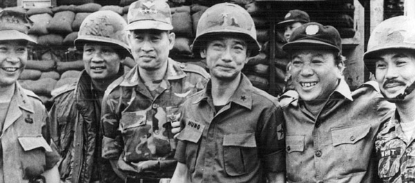 South Vietnamese general Le Van Hung (center) and president Nguyen Van Thieu (second from right) reveled in the victory at An Loc—a victory for Nixon's Vietnamization policy. (U.S. Army Center of Military History)