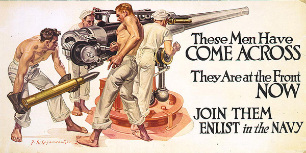 Brawny sailors load a gun in a navy recruiting poster from World War I. (Library of Congress)