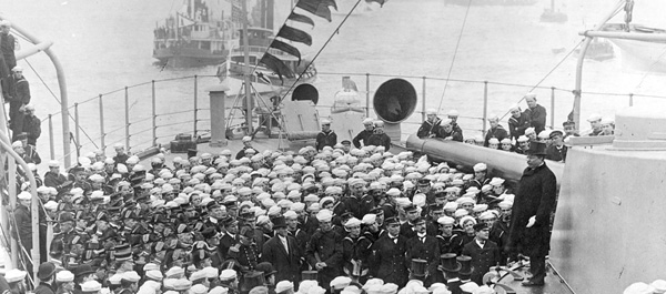 President Theodore Roosevelt addresses sailors in 1909 on the battleship Connecticut, flagship of America's vaunted—yet already obsolete—Great White Fleet. (U.S. Naval History and Heritage Command)