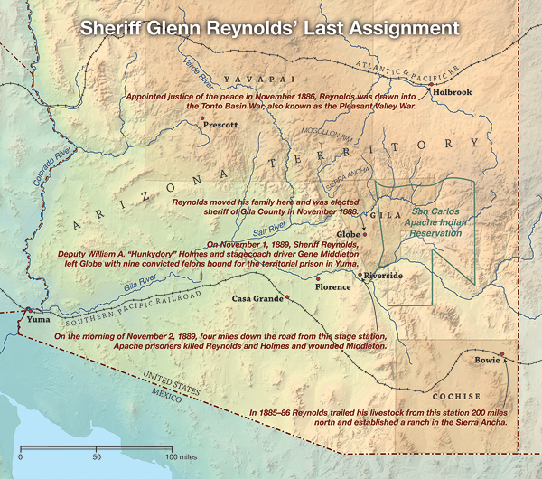 Sheriff Glenn Reynolds was tasked with transporting his prisoners by stage from Globe to the railhead at Casa Grande. The stage never arrived. (Map by Joan Pennington)