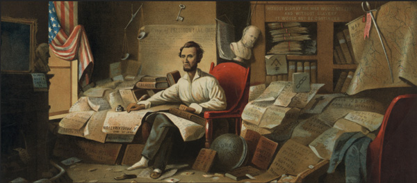 Abraham LIncoln writes the Emancipation Proclamation. Image courtesy of Library of Congress.