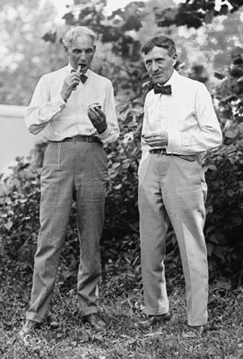 Henry Ford and Harvey Firestone pose for the cameras during the 1921 camping trip. (Library of Congress)