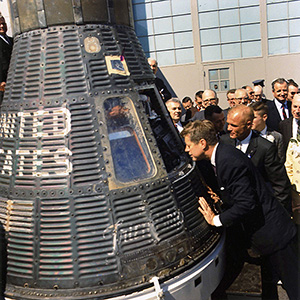 John F Kennedy inspecting 'Friendship 7' at Cape Canaveral (Alamy).