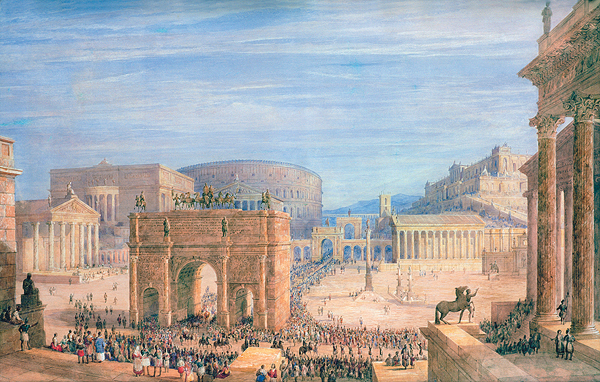 The victories that extended Rome's reach and prompted such grand processionals as the one depicted here in the Roman Forum also brought increased tensions among conquered populations along its borders. (Illustration by Francis Vyvyan Jago Arundell/Private Collection/© Christopher Wood Gallery, London/The Bridgeman Art Library)