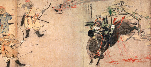 The most famous scene shows a bomb exploding near Suenaga on horseback-perhaps the first depiction of gunpowder being used in war.  (Courtesy The Museum of The Imperial Collections, Sannomaru Shozokan)