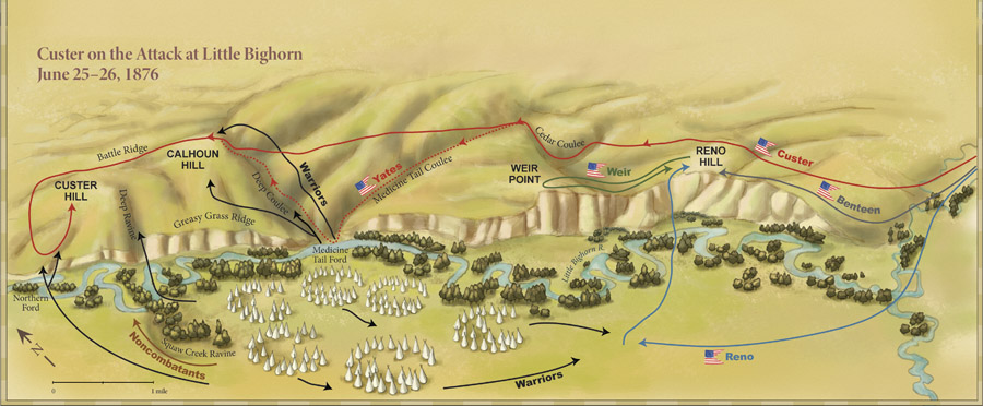 Moving along the ridgeline above the Indian camp, Custer stays on the offensive, constantly looking for  a way down and across the river so he can capture  the Sioux noncombatants and force a negotiation. (Sophie Kittredge)