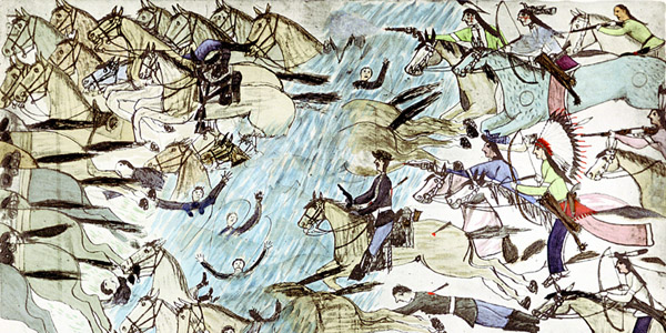 The Sioux drive Custer’s troops back across the Little Bighorn River in this circa 1900 drawing by Amos Bad Heart Bull, an Oglala Lakota artist. While this likely depicts Reno’s retreat, Custer and his men later tried to ford the river in an attempt to take hostages and negotiate their way out of their predicament. (IAM/AKG-Images)