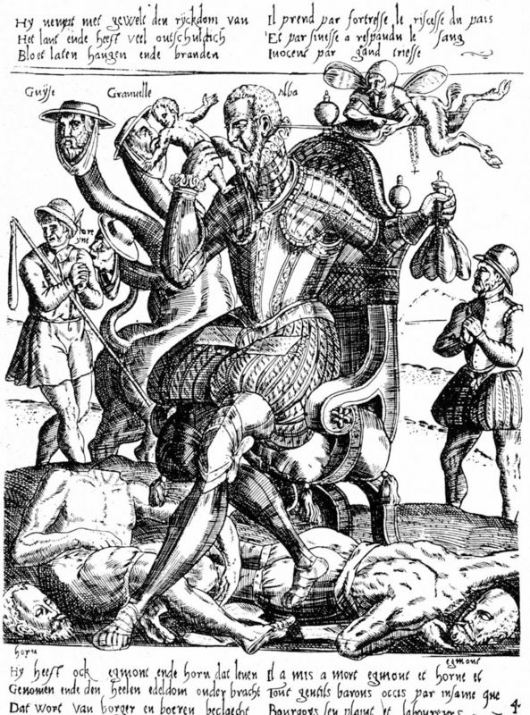 As governor of the Netherlands from 1567 to 1573, Ferdinand Alvarez de Toledo, Duke of Alva, enforced brutal anti-Protestant rule, executing some 18,000 people as heretics. Here he is shown eating a child while, under his feet, are the heads and decapitated bodies of Counts Egmont and Hoorn, two popular Dutch Protestant leaders who were publicly beheaded in Brussels on June 5, 1568. (Thinkstock)