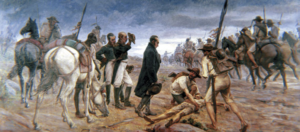 Bolívar witnesses one of his men dying from exhaustion as the army crosses the mountain pass of Páramo de Pisba. (Francisco Antonio Cano/Courtesy Casa Museo Quinta de BolIvar, Ministerio de Cultura, Bogota)