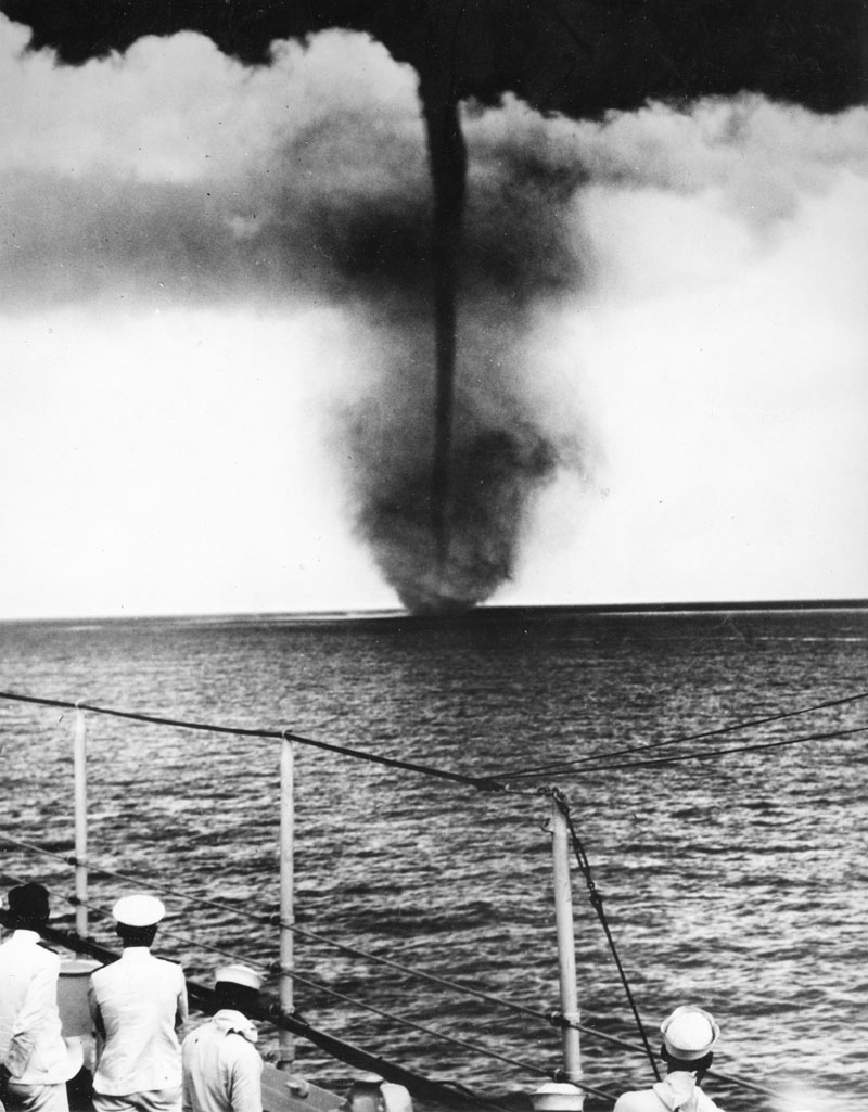 A waterspout, about 50 yards wide at its base, observed from the USS Pittsburgh in the Yangtze, July 1928. (National Archives)