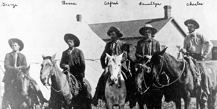 The Marlow brothers—from left, George, Boone, Alfred (Alf), Llewellyn (Epp) and Charles (Charley)—pose in 1880 with their mounts at Fort Sill, Indian Territory. (Photo courtesy Marlow Area Museum, Marlow, Okla.)