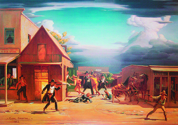 In 1952 Clyde Forsythe painted "Gunfight at O.K. Corral, based in part on stories from eyewitnesses—including his own father. [Image: © Lee A. Silva Collection]