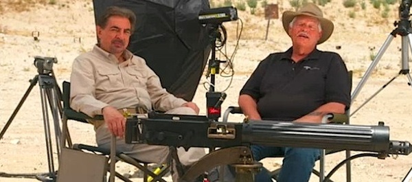 Joe Mantegna and Michael Bane with Vickers machine gun, one of the firearms that will be featured in the third season of MidwayUSA's Gun Stories on the Outdoor Channel.