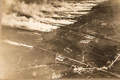 Aerial view of a French gas attack during the Battle of the Somme, 1916. A deadly mix of phosgene and chlorine known as "white star" caused carbon dioxide and hydrochloric acid to form in the lungs. Colorless phosgene was detected only by its smell, which was described as moldy hay. (National Archives)